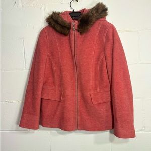 L.L. Bean Rose Pink Wool Coat Large Petite Faux Fur Removable Hood